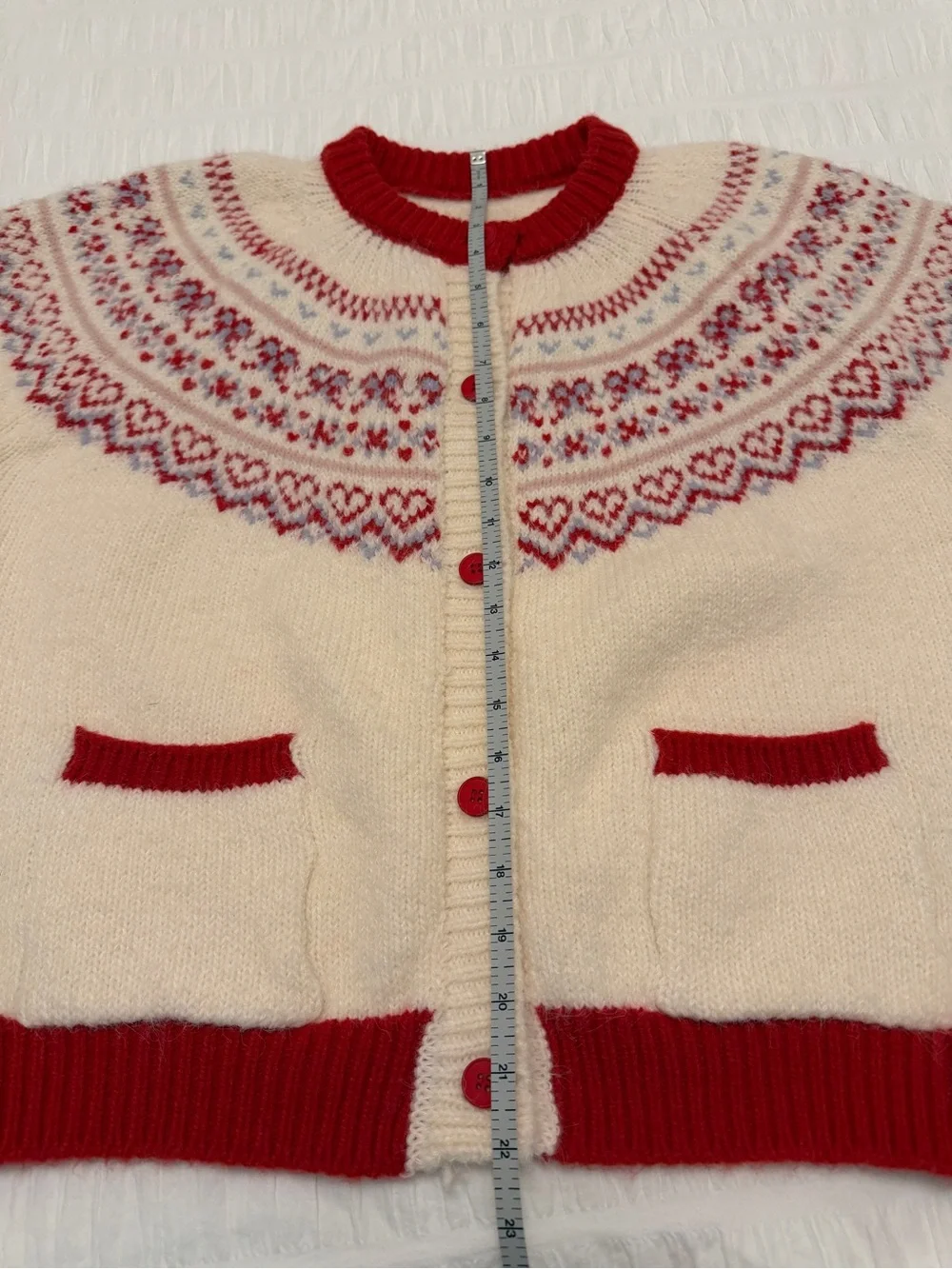 FAIR ISLE  Hearts Bows Cardigan Sweater Fuzzy Soft Cozy Pockets Nordic Soft Girl - Picture 14 of 17